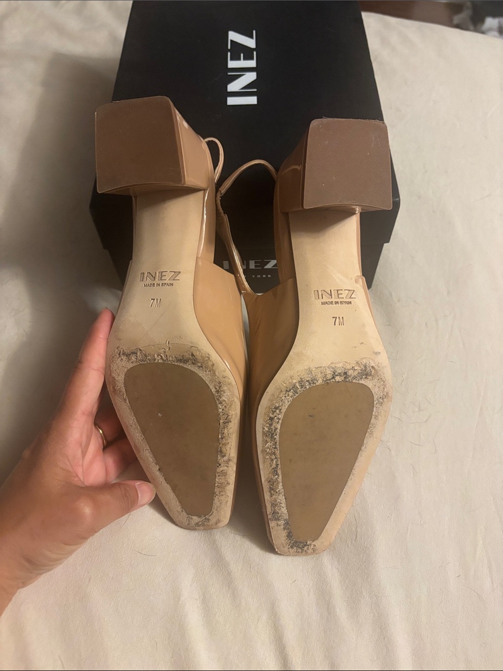 Inez Nude Patent Slingback Block Heel Pumps EUC size 7 with box and dust bag - Picture 4 of 5